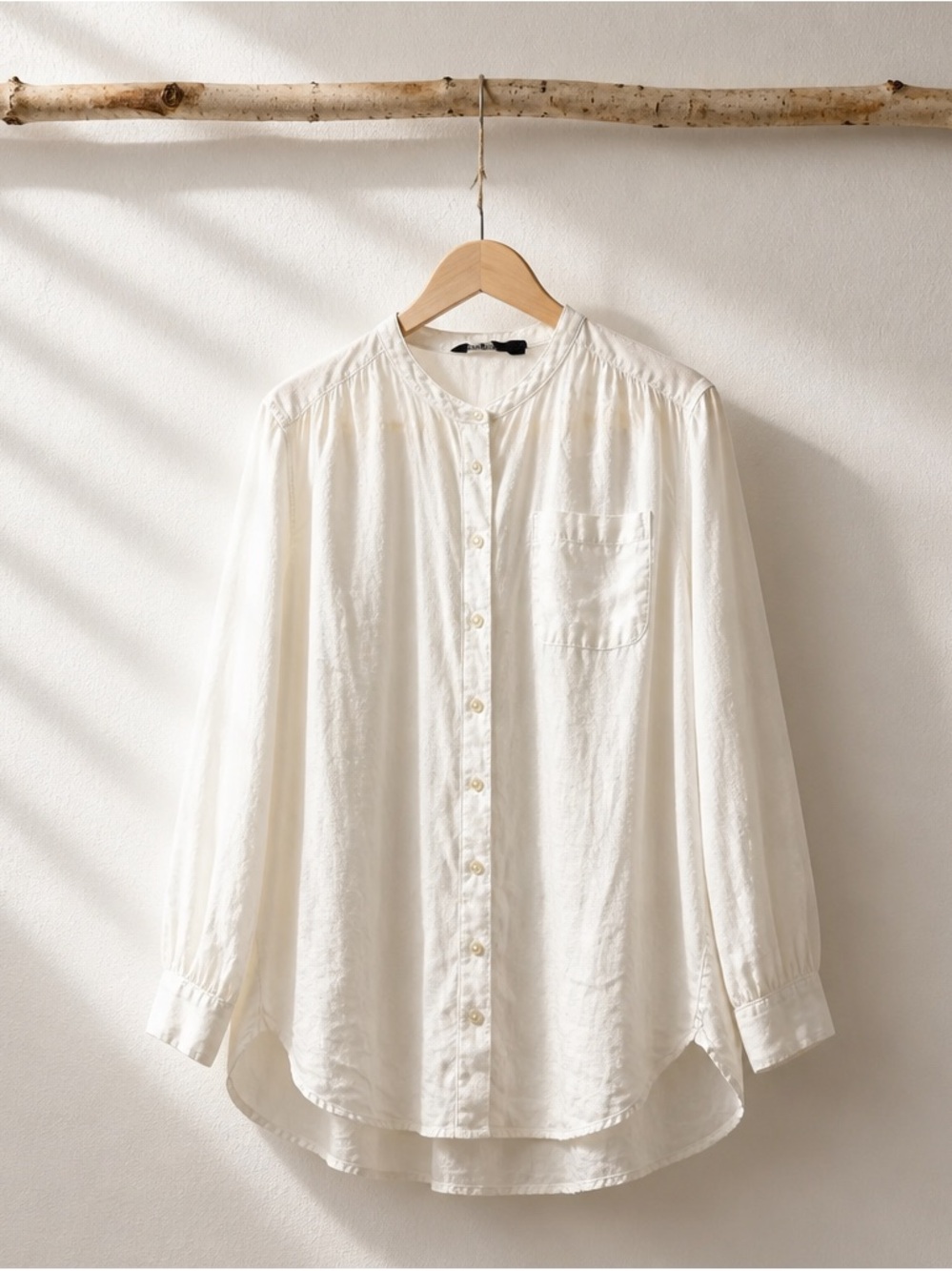 Lands End Linen Womens Cream Button-Front Long Sleeve Blouse